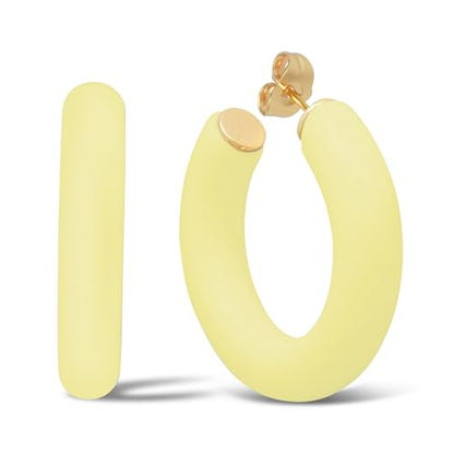 Gold Plated Multicolor Resin Chunky Thick Open Hoop Earrings in 57MM and 37.5MM Diameters - color: Yellow - Pastel - Matte Finish, size: 37.5MM (1.48") Diameter