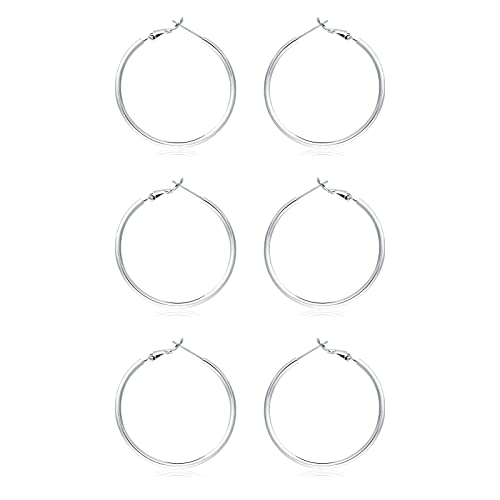 3 Pairs Sterling Silver Large Hoop Earrings Set for Women 40 50 60MM | 14K White Gold Plated, Hypoallergenic - style: Ae:Silver 3 pairs 20mm