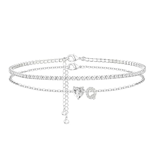 Heart Initial Silver Anklets for Women Waterproof Dainty Silver Plated ankle bracelets for women Large Ankle Women's Anklets Tennis ankle bracelets Non Tarnish Summer Beach Foot Jewelry - style: Silver-Q