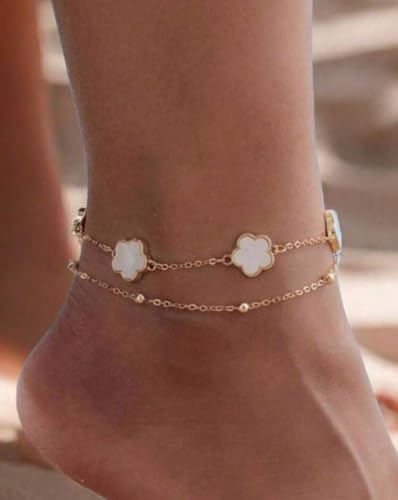 Gold-Tone Double Layer Clover Charm ankle Bracelet, black stone, Adjustable - color: White And Gold