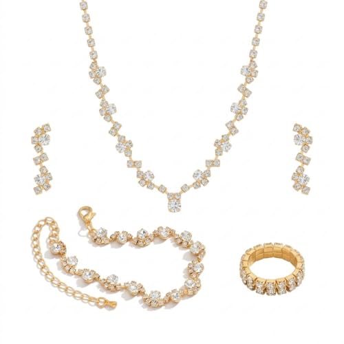 Wedding Jewelry Sets for Brides Rhinestone Necklace and Earring Set Bracelet Ring Gold Silver Prom Jewelry Sets Diamond Flower Teardrop Necklace for Women - color: Style1-Gold-4pcs