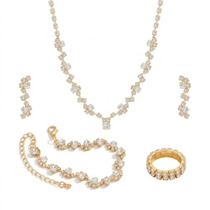 Wedding Jewelry Sets for Brides Rhinestone Necklace and Earring Set Bracelet Ring Gold Silver Prom Jewelry Sets Diamond Flower Teardrop Necklace for Women - color: Style1-Gold-4pcs