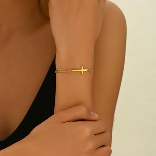 18K Gold Plated Pearl Beaded Cross Bracelets for Women Adjustable Stainless Steel Dainty Thin Gold Box Cuban Twisted Link Chain Bracelet Bridesmaid Jewelry Gifts - color: Double O Cross-Gold