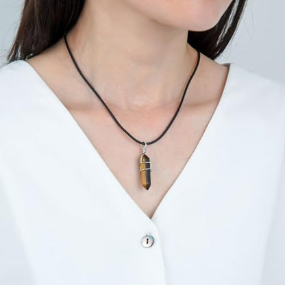 Adabele 1pc Natural Gemstone Bullet Pendant Necklace 18 Inch Crystal Stone Quartz Reiki Chakra Energy Rock PU Leather Cord Necklace Waterproof Women Jewelry - color: Tiger eye stone