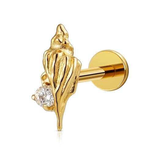 FINE4U 1PC 16G ASTM F136 Titanium Octopuses Piercings Jewelry with 6mm 8mm Post for Conch Helix Flat Labret 16G 6mm 8mm - color: Conch Shell - Gold