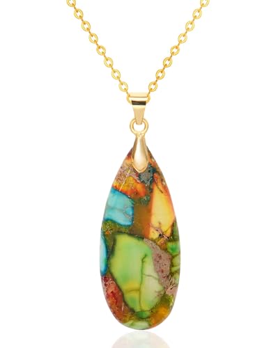 Stone Necklaces for Women Teardrop Gemstone Pendant Necklace Natural Stone Chain Necklaces - color: Colorful Gold