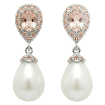 Mariell Pearl Bridal Wedding Drop Earrings with CZ Crystals for Brides, Bridesmaids, Birthday Gift - color: Silver Clip On - Champagne Cubic Zirconia