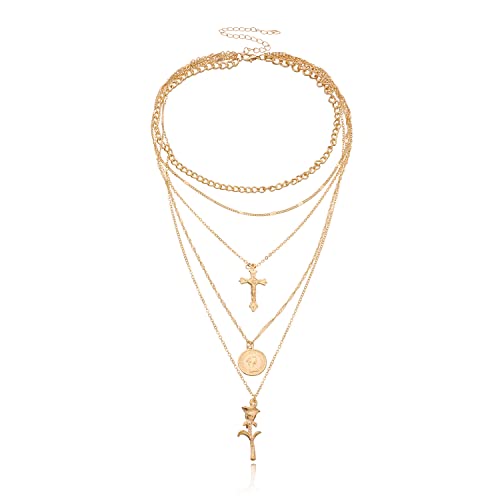 PLOUTOS Cross Coin Rose Layered Multi Chain Choker Necklace Set For Women Rhinestone Gold Silver Five Layer Adjustable Statement Fashion Chunky Boho Punk - color: Gold