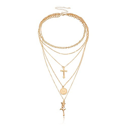 PLOUTOS Cross Coin Rose Layered Multi Chain Choker Necklace Set For Women Rhinestone Gold Silver Five Layer Adjustable Statement Fashion Chunky Boho Punk - color: Gold