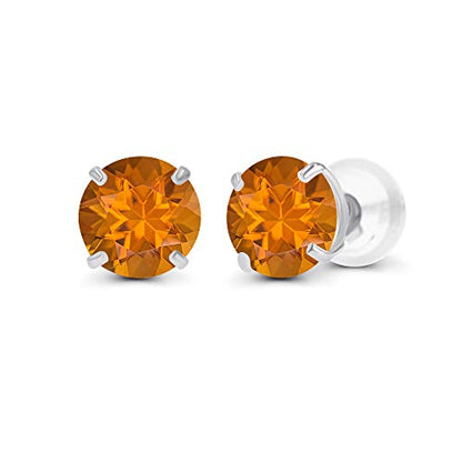 Solid 14K Yellow, White or Rose Gold 4mm Round Genuine Gemstone Birthstone Prong Set Stud Earrings For Women - color: Citrine Madeira