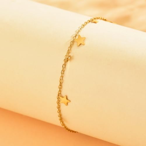 18K Gold Plated Ankle Bracelets for Women Stainless Steel Anklet with Star Cross Disc Coin Teardrop Charms Waterproof Thin Chain Ankle Jewelry Gift for Her - style: Star-Gold