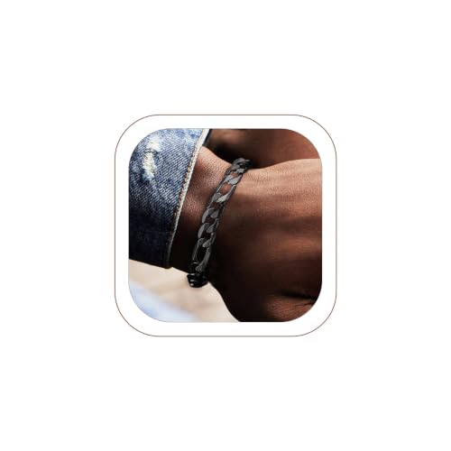 ChainsHouse Figaro Link Chain Bracelet for Men Stainless Steel Jewelry | Black/ Gold Bracelets Men, 6/9/13mm Figaro Cuabn Bracelets 7.5"/8.3", Chunky Hip Hop Wrist Hand Chain Bracelet for Gift - color: h: 9mm-black