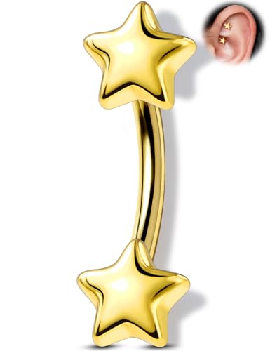Melighting 16G Double-Ended Star Rook Piercing Jewelry, Gold/Black Eyebrow Ring 316L Surgical Steel Minimalist Rook Earring Eyebrow Piercing Jewelry 6 mm/8 mm - color: Gold, size: 16g8mm