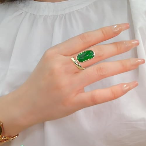 Vintage Imitation Emerald Green Stacking Statement Ring for Women Gold Plated Chunky Wide Geometric Birthstone Adjustable Expandable Open Wrap Rings Comfort Fit Retro Birthday Christmas Jewelry Gift