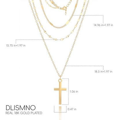 Triple Layered Gold Chain Necklace with Cross, Four Leaf Clover Pendant, Multi-Strand, Religious Jewelry, Gift with a Box - color: Cross