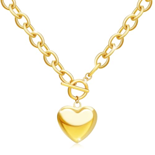Chunky Gold Necklace for Women, 18K Waterproof Heart Necklace Statement Necklace Gold Charm Necklace Chunky Jewelry Paperclip Chain Choker Gift for Women - style: Bubble Heart