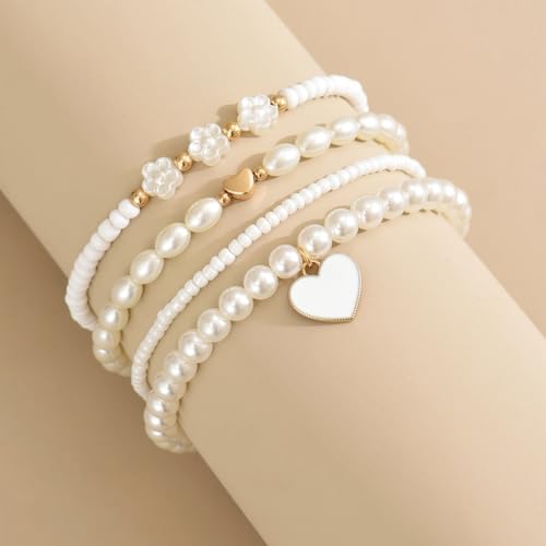 Pearl Bracelets for Women Simulated Pearl Beaded Bracelet White Pearls Stackable Stretch Bracelet Set Multilayered Elastic Pearls Bracelets for Women Bridesmaid Bridal Jewelry - color: white heart