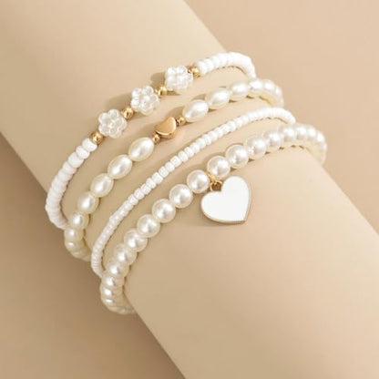 Pearl Bracelets for Women Simulated Pearl Beaded Bracelet White Pearls Stackable Stretch Bracelet Set Multilayered Elastic Pearls Bracelets for Women Bridesmaid Bridal Jewelry - color: white heart