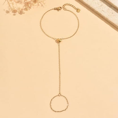 Gold Hand Chain Bracelet for Women 18K Gold Plated Stainless Steel Ring Bracelet Hand Chain with Pearl Star CZ Adjustable Hand Jewelry Chain Gifts - color: Y Heart-Gold