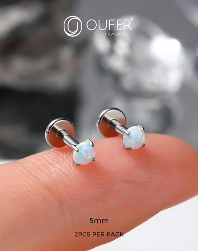 OUFER 2PCS 16G/20G Nose Lip Studs, G23 Solid Titanium Threadless Push in Nose Nostril Lip Labret Medusa Monroe Helix Cartilage Tragus Conch Lobe Piercing Jewelry for Women Men - color: Silver bar, Claw Opal, size: 2pcs, 16g 5mm, 4mm Opal