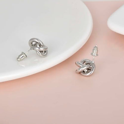 Love Knot Stud Earrings for Women Gold Plated Knot Earrings Geometric Twisted Statement Earrings Trendy Jewelry - color: Silver 13.5mm Knot