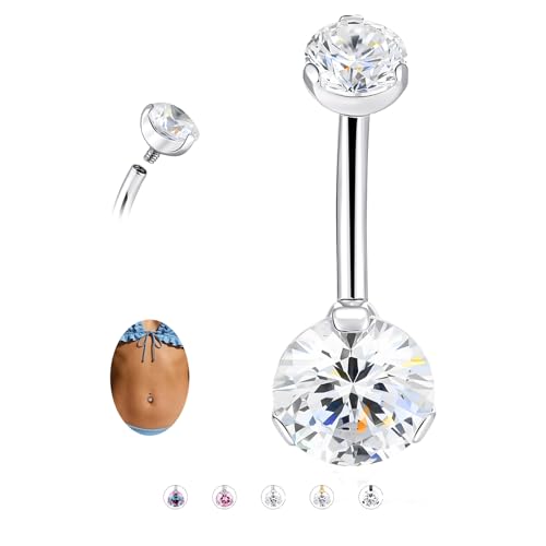 Solid Titanium Belly Button Ring,14G Hypoallergenic Silver Belly Rings,Internally Threaded 10mm Belly Piercing Jewelry,Round CZ Navel Rings,14G Belly Button Rings for Women Men - color: S-wt