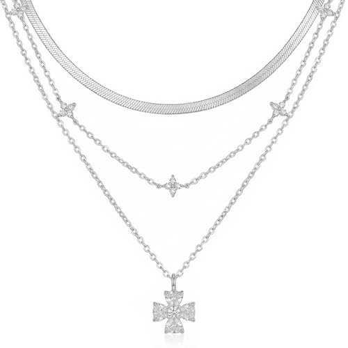 14k Gold Plated Layered Cubic Zirconia Pendant Necklace for Women | Gold Plated Clover Necklaces Stackable Dainty Cubic Zirconia Pendant Necklace，Mother's Day, Thanksgiving Jewelry Trendy gifts - color: silvery, style: Style1