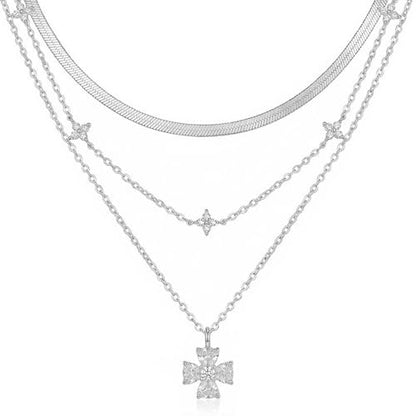 14k Gold Plated Layered Cubic Zirconia Pendant Necklace for Women | Gold Plated Clover Necklaces Stackable Dainty Cubic Zirconia Pendant Necklace，Mother's Day, Thanksgiving Jewelry Trendy gifts - color: silvery, style: Style1