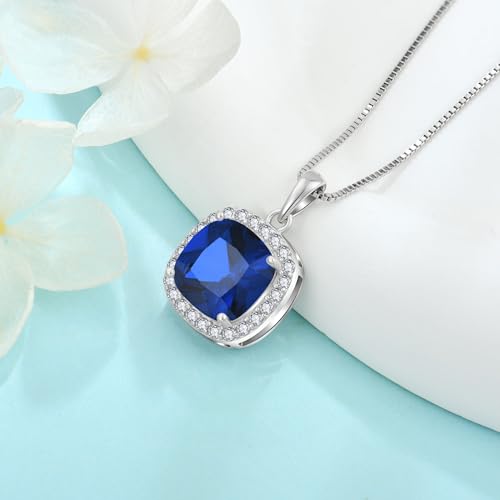Birthstone Necklace for Women 925 Sterling Silver Princess Cut Halo Necklace Pendant Jewelry for Mom Wife - color: Royal Blue