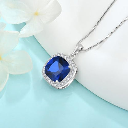 Birthstone Necklace for Women 925 Sterling Silver Princess Cut Halo Necklace Pendant Jewelry for Mom Wife - color: Royal Blue