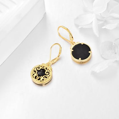 Sterling Silver Black Onyx Earrings for Women 18K Yellow Gold Plated Jewelry Gifts - style: Filigree Round 2