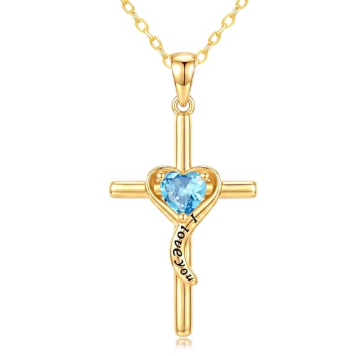 14K Gold Cross Necklace for Women Dainty Birthstone Pendant | Heart I Love You Romantic Jewelry Anniversary Christian Religious Baptism Birthday Gifts with 18"+2" Adjustable Chain - color: 14K Gold-03-Mar Birthstone