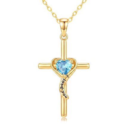 14K Gold Cross Necklace for Women Dainty Birthstone Pendant | Heart I Love You Romantic Jewelry Anniversary Christian Religious Baptism Birthday Gifts with 18"+2" Adjustable Chain - color: 14K Gold-03-Mar Birthstone