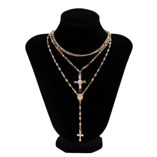 GIGB PBDK Gold Cross Layered Necklaces for Women,Long Colorful Crystal Drop Necklace Unique Big Crucifix Necklace Set,Aesthetic Religious Jewelry Accessories - color: Gold1