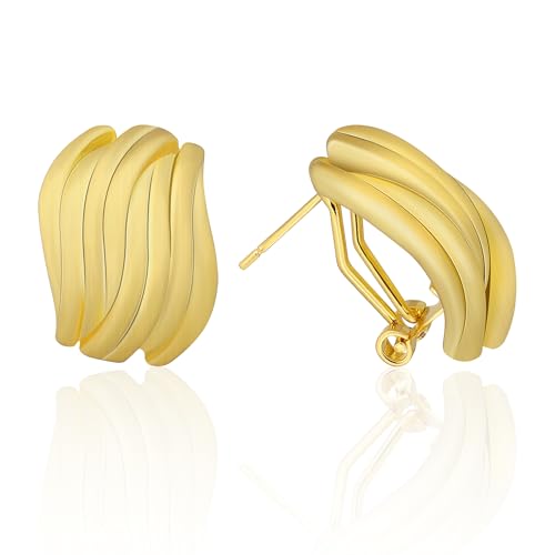 Mytys Two Tone Huggie Hoop Earrings Cross Over Design Twisted Rope Silver Gold Statement Wide Band Clip On Hoops for Women Fashion Jewelry Gift - color: Wave Gold