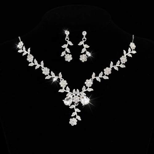 Wedding Jewelry Sets for Brides Rhinestone Necklace and Earring Set Bracelet Ring Gold Silver Prom Jewelry Sets Diamond Flower Teardrop Necklace for Women - color: Style4-Flower-2pcs