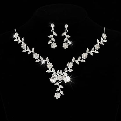 Wedding Jewelry Sets for Brides Rhinestone Necklace and Earring Set Bracelet Ring Gold Silver Prom Jewelry Sets Diamond Flower Teardrop Necklace for Women - color: Style4-Flower-2pcs