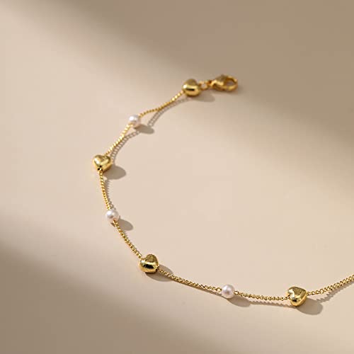 Dainty Gold Bracelets for Women, 18 Gold Plated Adjustable Evil Eye/Butterfly/Beaded/Pearl/Heart/Turquoise Handmade Bracelet for Women - style: Pearl and Heart