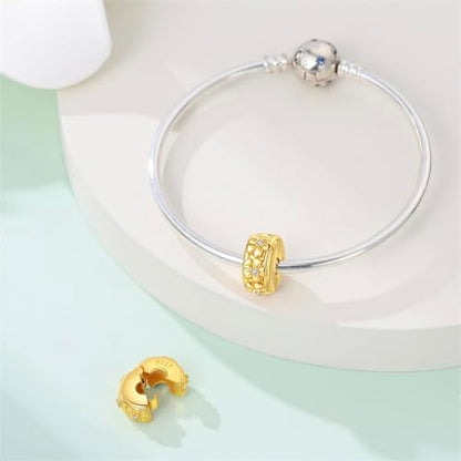 925 Sterling Silver Stopper Clip Charms for Bracelet Necklace Spacer Beads with 5A Cubic Zirconia Mother's Day Christmas DIY Gift for Women(2PCS) - style: Gold Flower Fixing Clip