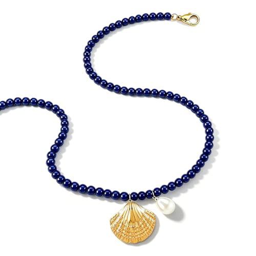 Fish Shell Necklace for Women, Beaded Necklaces Boho Statement Necklace, Pearl Necklaces Summer Beach Vacation Dress & Costume Jewelry - color: Royal Blue-shell