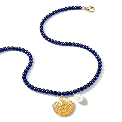 Fish Shell Necklace for Women, Beaded Necklaces Boho Statement Necklace, Pearl Necklaces Summer Beach Vacation Dress & Costume Jewelry - color: Royal Blue-shell