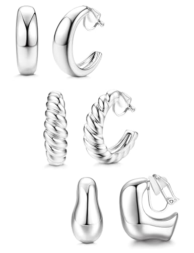 BESTEEL 3Pairs Clip on Earrings for Women Trendy Chunky Hoops Fake Earrings | Hypoallergenic 14K Gold Plated Lightweight Tube Croissant Waterdrop Clip-on Earrings Set Non Pierced Earrings Jewelry Gift - color: Silver-Trendy