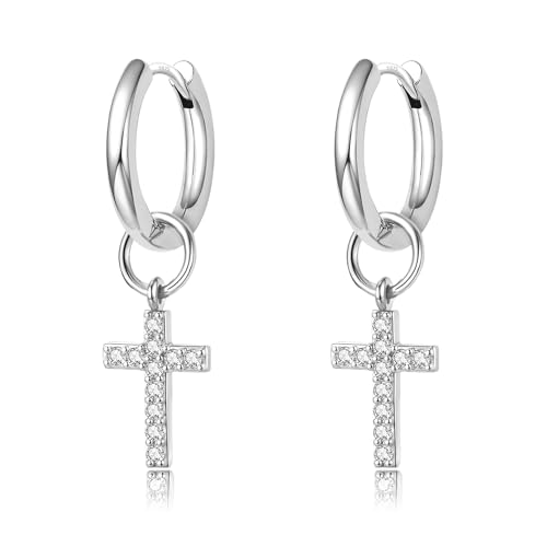 DAILY VIBES Cute Butterfly Star Cross Heart CZ Dangle Earrings for Women | 925 Sterling Silver Post, 14K Gold or Silver Plated, Mini Cubic Zirconia Dainty Drop, Cartilage Small Huggie Hoop Earrings - color: Silver Cross CZ