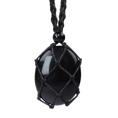 weryerker Natural Gemstone Pendant Necklace Healing Crystal Stone Pendant with Hand-Woven Rope Adjustable for Women Men - color: 1PC Black Obsidian