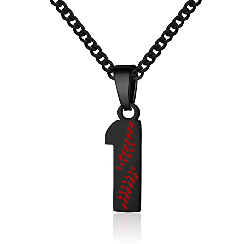 Hatti Doris Baseball Number Necklace for Men 00-99 - Jersey Number Necklace with Stainless Steel Gold Plated Chain & Baseball Charm Pendant - color: Black, style: 1