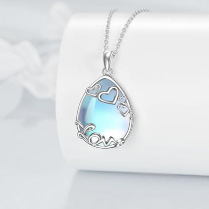 YAFEINI 925 Sterling Silver Moonstone Necklace Filigree Teardrop Pendant Necklace Jewelry for Women Girls - color: R-Love Moonstone Necklace