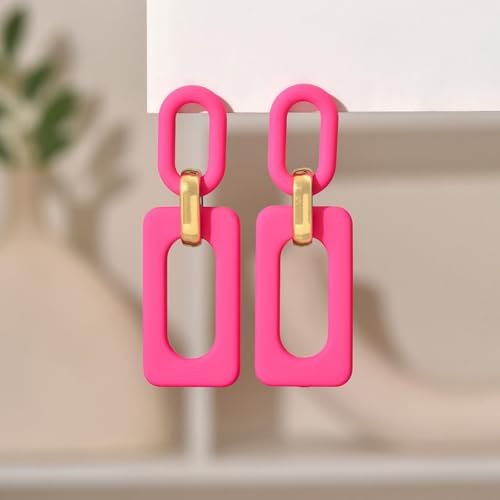 Geometric Square Earrings for Women Lightweight Colorful Color Block Acrylic Chunky Geometric Rectangle Oval Link Chain Statement Earring - style: Rose Red Rectangle