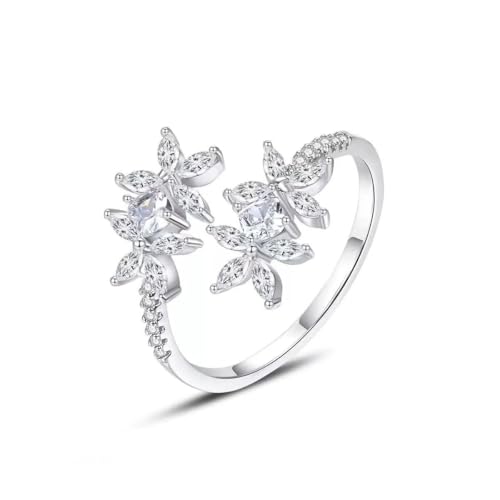 Adjustable Cubic Zirconia Ring for Women, Stackable Leaf Flower Design, Open Style