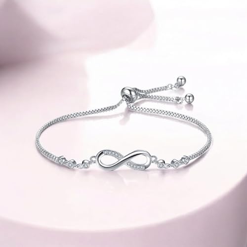 Nilu's Collection Infinity Shape Cubic Zirconia Diamond Bracelet for Women, Jewelry for Gift, Adjustable Charm Bracelet (Rose Gold Necklace + Bracelet) - color: Silver