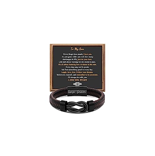 Gift for Men Infinity Bracelet for Men Dad Husband Boyfriend Son Grandson Brother Nephew Uncle Brown Braided Leather Forever Linked Together Stainless Steel Engraved with Love You Forever Jewelry 7.5|8.5|9 Inches - color: To My Son-Never Forget how much I